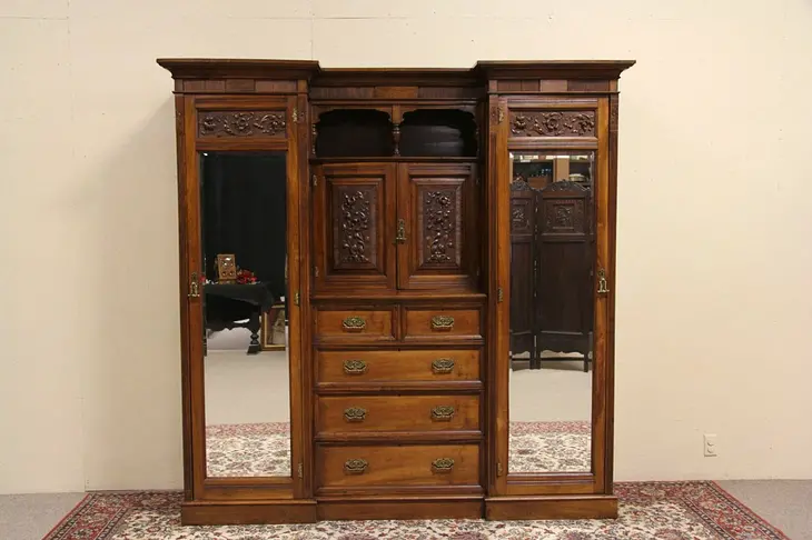English 1890 Carved Triple Armoire Dressing Closet Combination