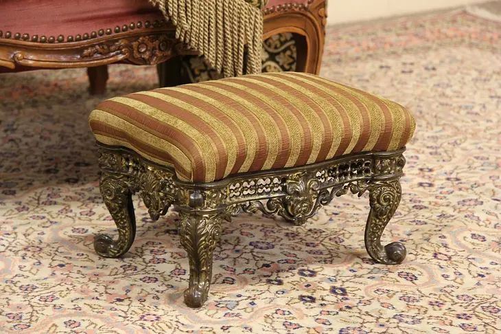 Victorian Cast Brass 1870 Antique Footstool, New Upholstery