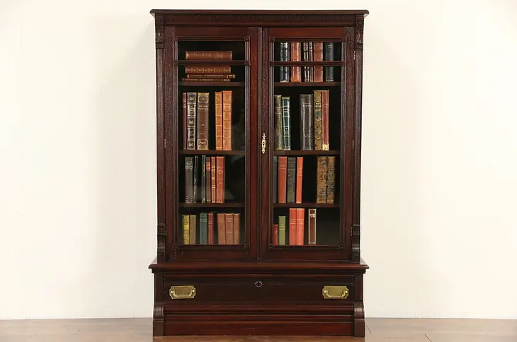 Victorian Eastlake 1885 Antique Walnut Library Bookcase, Glass Doors