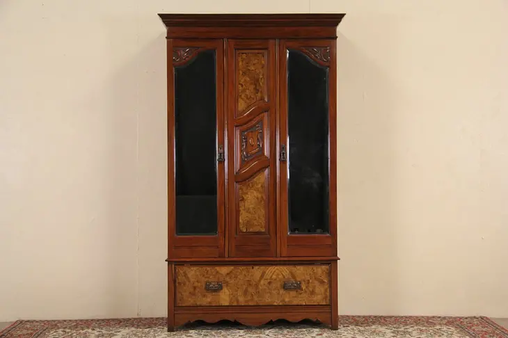Carved Antique 1900 Armoire or Wardrobe, Beveled Glass Mirrors