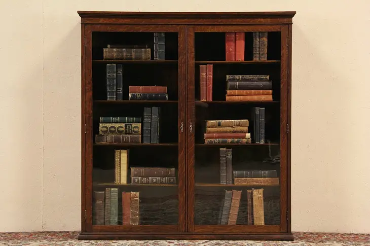 Oak 1900 Antique Bookcase, 2 Wavy Glass Doors