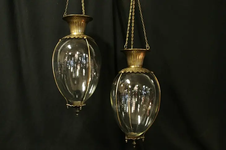 Pair 1891 Hanging Glass and Brass Apothecary Drug Store Globes