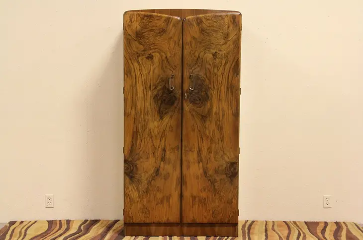 Art Deco 1930's Burl Fitted Armoire or Wardrobe