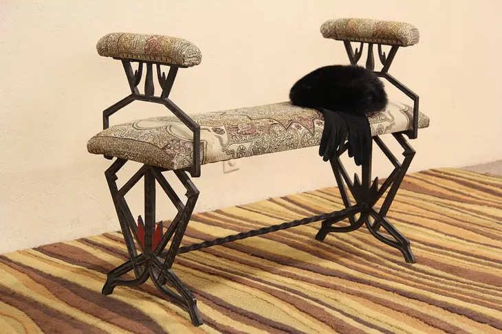 Art Deco Antique 1925 Upholstered Iron Bench with Arms