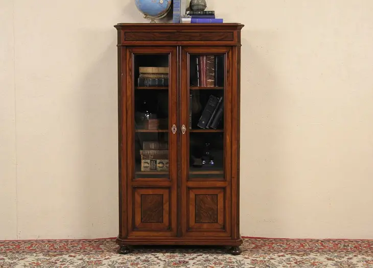 German Antique 1880 Bookcase, Walnut & Ebony Banding, Wavy Glass Doors