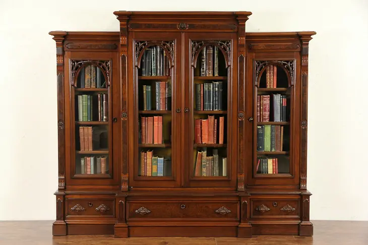 Victorian 1870 Antique Carved Walnut & Burl Triple Library Bookcase