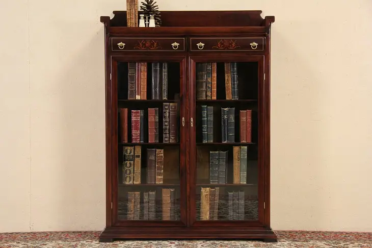 Bookcase, 1900 Antique Mahogany & Marquetry, Glass Doors