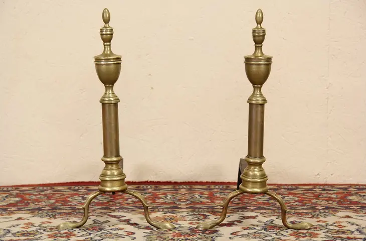 Pair of Georgian Design 1900 Brass Antique Fireplace Andirons