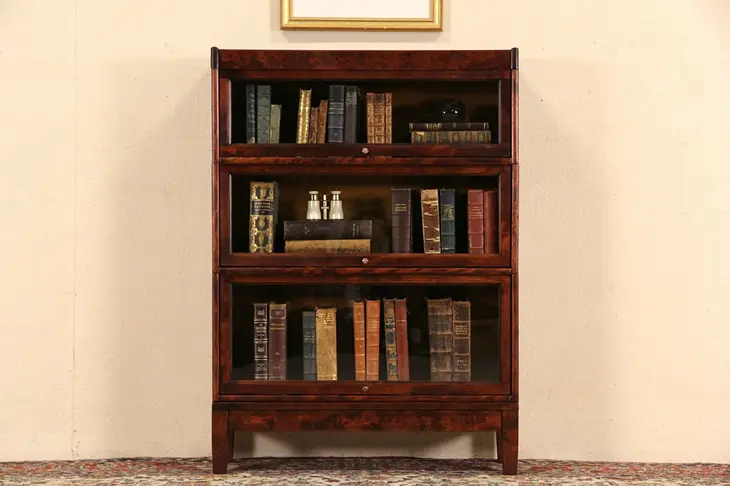 Three Stack Mahogany & Birch Antique Lawyer or Barrister Bookcase Signed Larkin