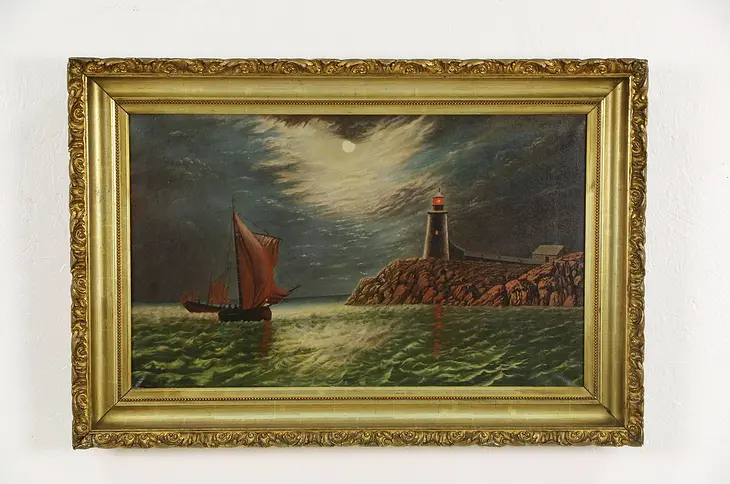 Lighthouse & Sailboat Original 1890's Painting, Gold Frame