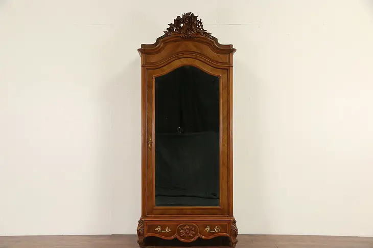 French 1900 Antique Carved Walnut Armoire, Beveled Mirror Door