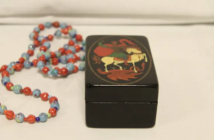 Russian Vintage Lacquer Box, Hand Painted Traditional St. George & the Dragon