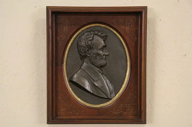 Bronze Plaque of President Lincoln, Carved Walnut Frame, Pat 1871