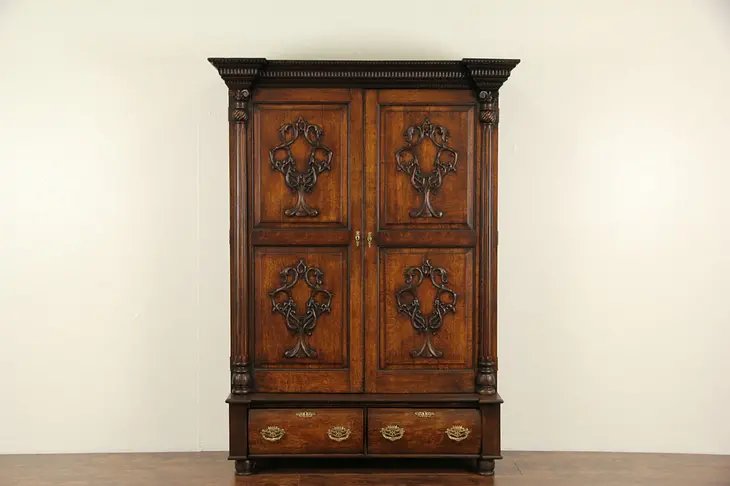 Oak Carved 1890's Antique Armoire, Wardrobe or Closet