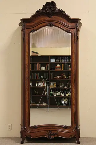 French 1890 Carved Armoire, Beveled Mirror