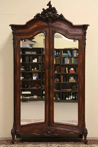 French Carved Rosewood Armoire, Beveled Mirror Doors
