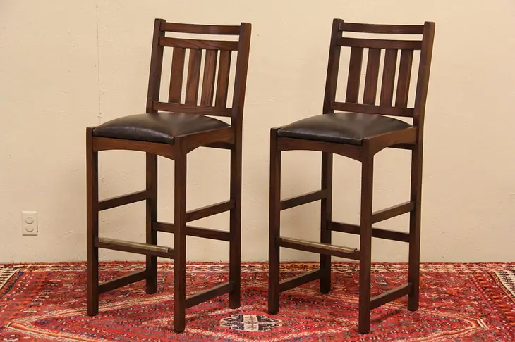 Pair of Arts & Crafts Mission Oak Style Vintage Barstools, Leather Seats
