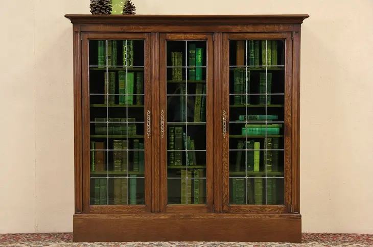 Oak Triple 1910 Bookcase, Leaded Stained Glass Doors
