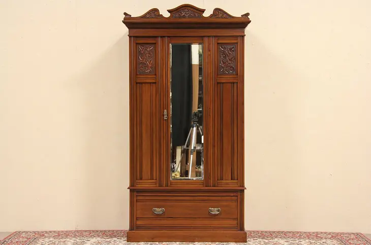 Carved Mahogany 1910 Antique Armoire or Wardrobe