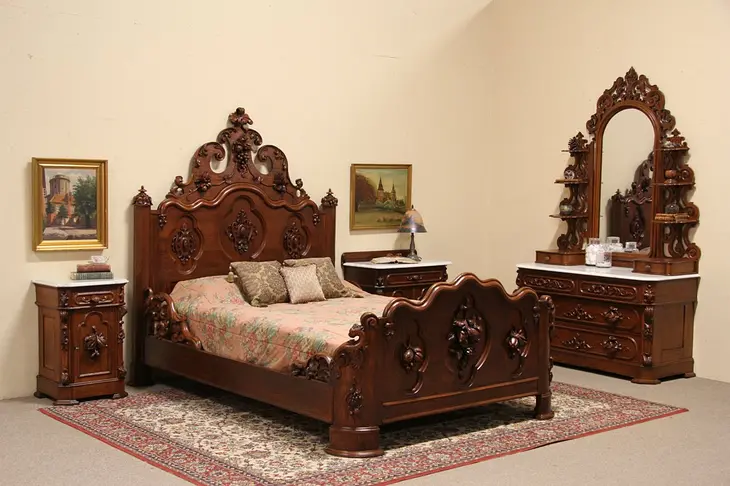 Victorian Carved Oak & Chestnut 1860 Queen Size 4 Pc. Bedroom Set, Marble Tops