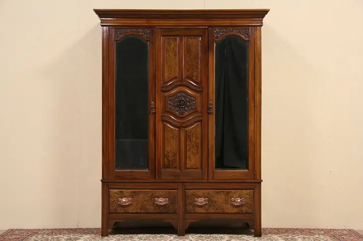 English 1895 Antique Carved Armoire or Linen Closet
