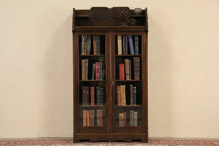 Victorian 1900 Antique Oak Bookcase, Glass Doors