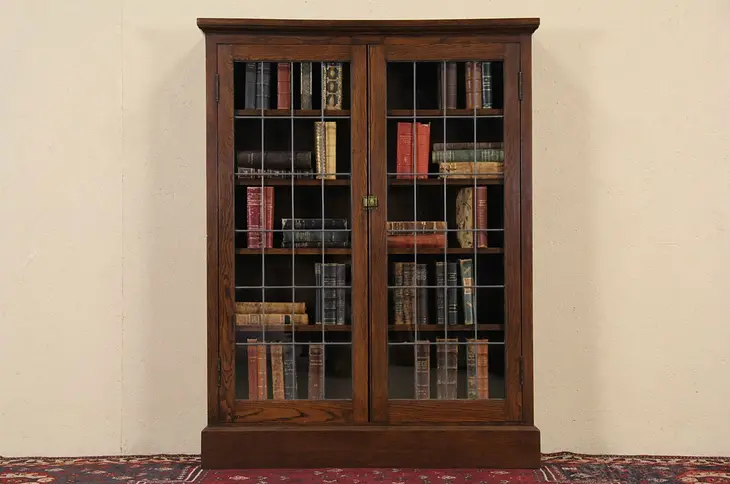 Oak 1900 Antique Bookcase, Leaded Glass Doors