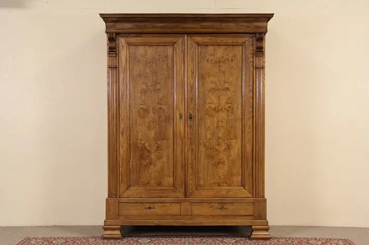 Oak, Hickory & Burl 1880 Antique Austrian Armoire or Closet, Disassembles