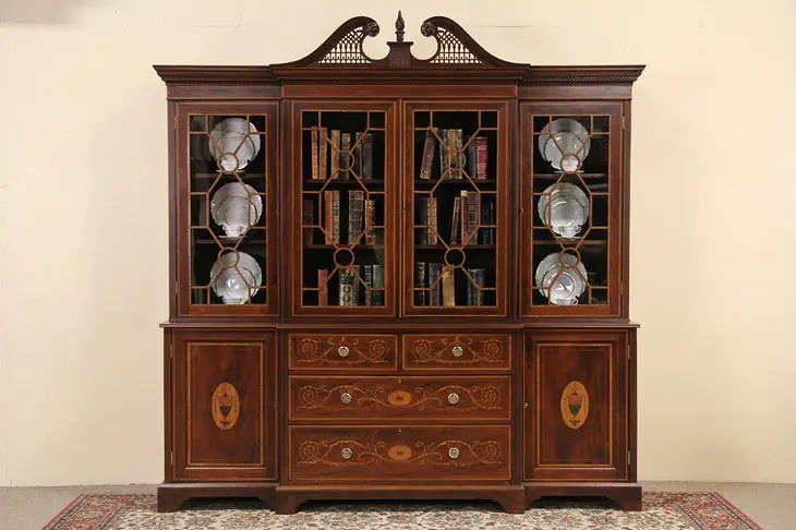 English Georgian Design 1890's Antique Breakfront Bookcase China Cabinet,
