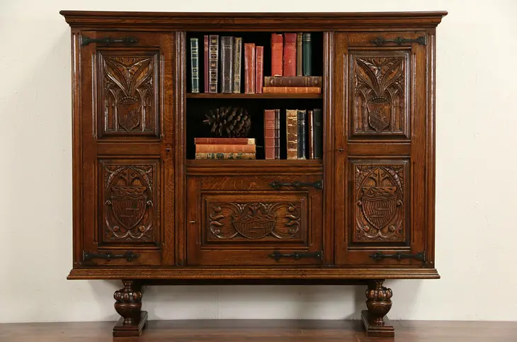Oak Dutch 1925 Library Bookcase & Bar Cabinet, Carved Coats of Arms