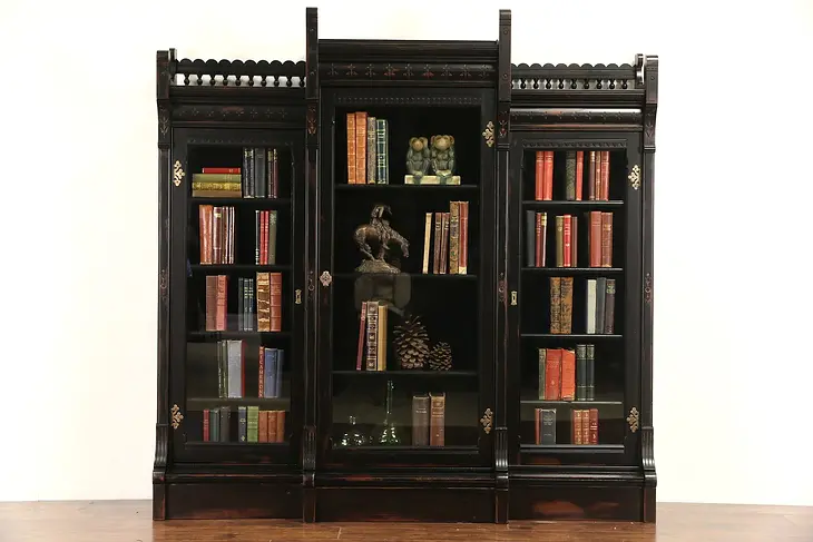 Victorian Eastlake 1875 Antique Ebonized Cherry Triple LIbrary  Bookcase