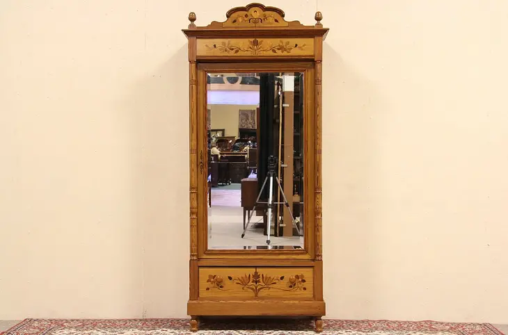 Inlaid Ash & Pine Marquetry 1890 Armoire, Mirror Door