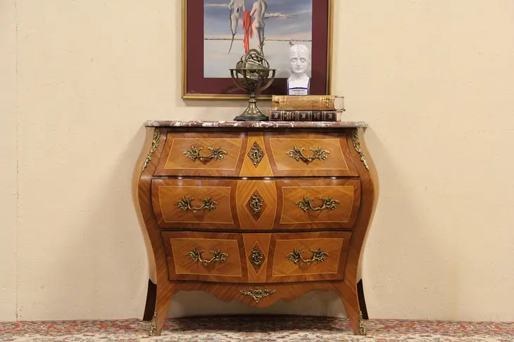 Marble Top Bombe French 1940 Vintage Chest or Commode