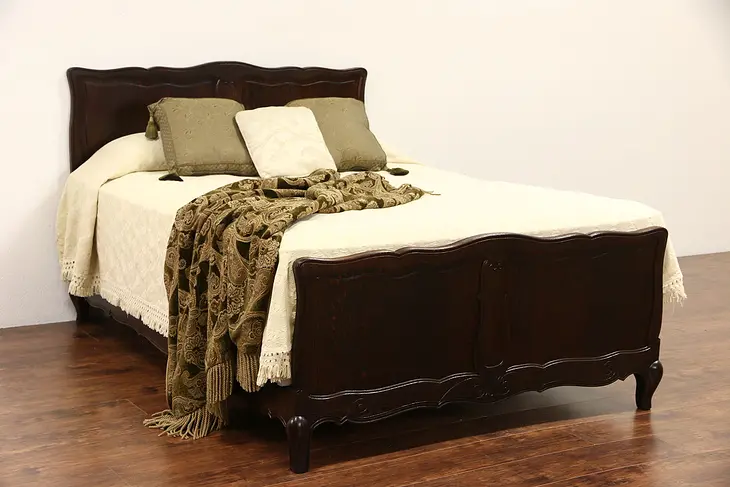 Country French Carved Oak 1920's Antique Queen Size Bed