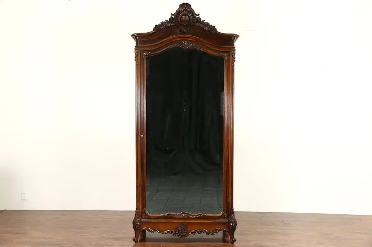 French 1890 Antique Hand Carved Walnut Armoire, Beveled Mirror Door