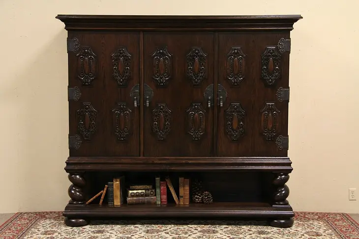 Oak 1910 Antique Cabinet, Carved Armorial Crests, Spiral Columns