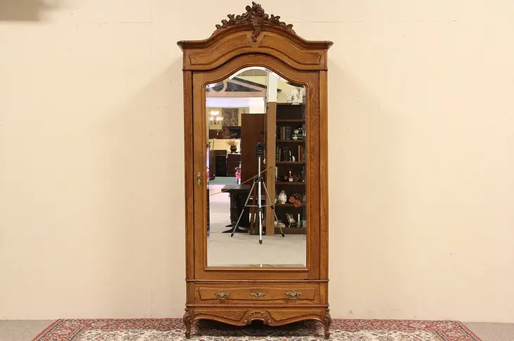Country French Oak Armoire, Beveled Glass Door