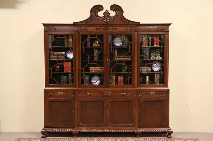 Chippendale Carved Vintage Mahogany Breakfront Bookcase or China Cabinet