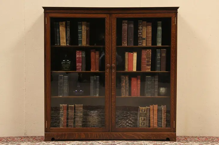 Oak 1900 Antique Bookcase, Wavy Glass Doors, Adjustable Shelves