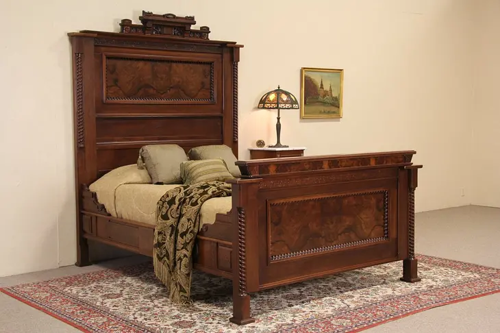 Victorian Eastlake Queen Size 1880 Antique Bed, Walnut & Burl