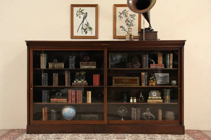 Oak 1900 Antique Craftsman 8 1/2' Bookcase or Display Cabinet, Sliding Glass