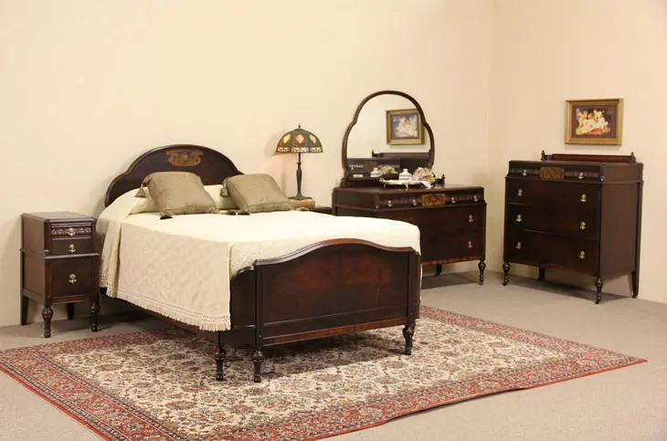 Hand Painted & Walnut 1920 Antique 5 Pc. Bedroom Set, Full Size Bed