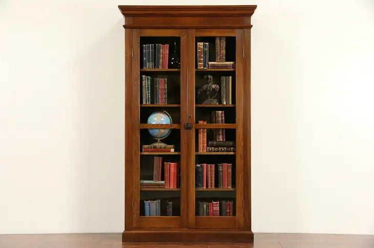 Oak 1900 Antique Tall Bookcase Display Cabinet, Glass Doors, Adjustable Shelves