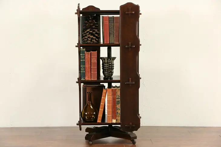 Arts & Crafts Mission Oak 1900 Antique Spinning Chairside Revolving Bookcase