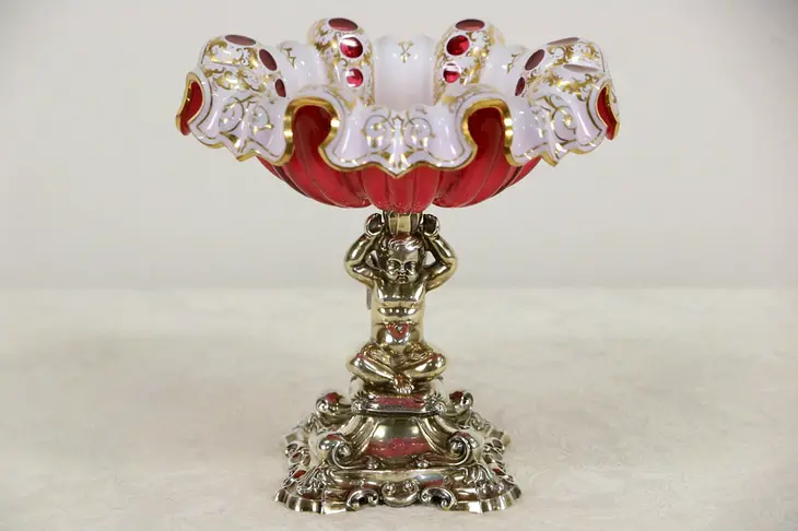 Silver Cherub or Angel & Bohemian Cased Cranberry Glass Bowl, 1880 Antique