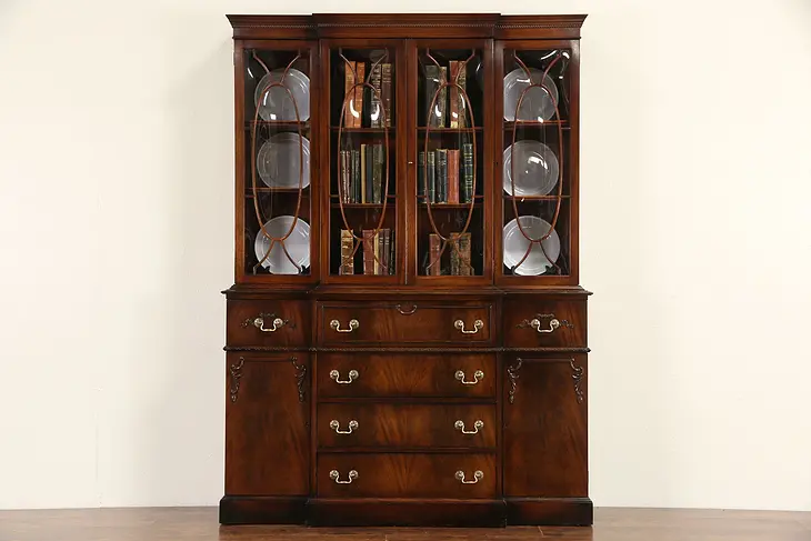 Traditional Signed Vintage Mahogany Breakfront Bookcase or China Cabinet & Desk