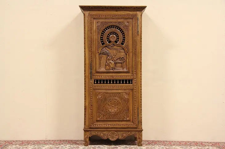 Brittany Carved Antique 1890 Armoire or Cupboard, Spinning Scene