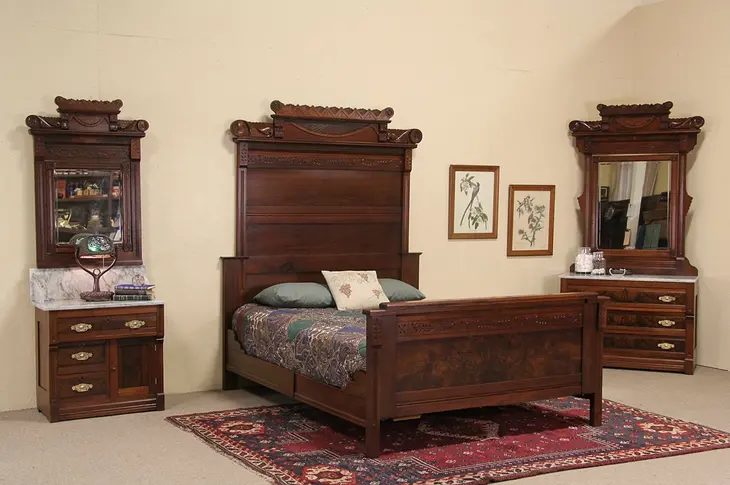 Victorian Eastlake 1885 Antique Queen Size Bedroom Set, Marble Tops, 3 Pc.