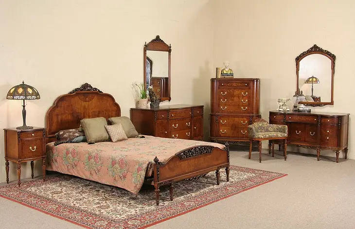 Queen Size 1930's Vintage Marquetry Carved Bedroom Set, 8 Pc.