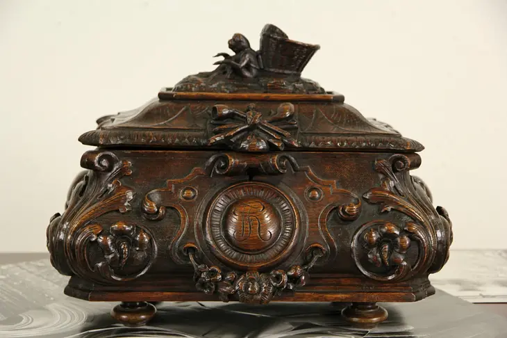 Dutch Baroque Oak 1870 Antique Tobacco Chest or Jewelry Box, Carved Monkey